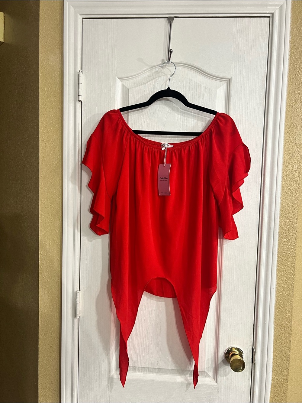 Red Off-Shoulder Ruffle Sleeve Blouse